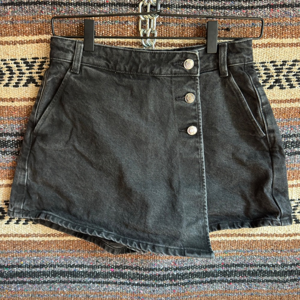 Zara Denim Skort XS Black Asymmetrical Button Front Wrap Mini Skirt Shorts